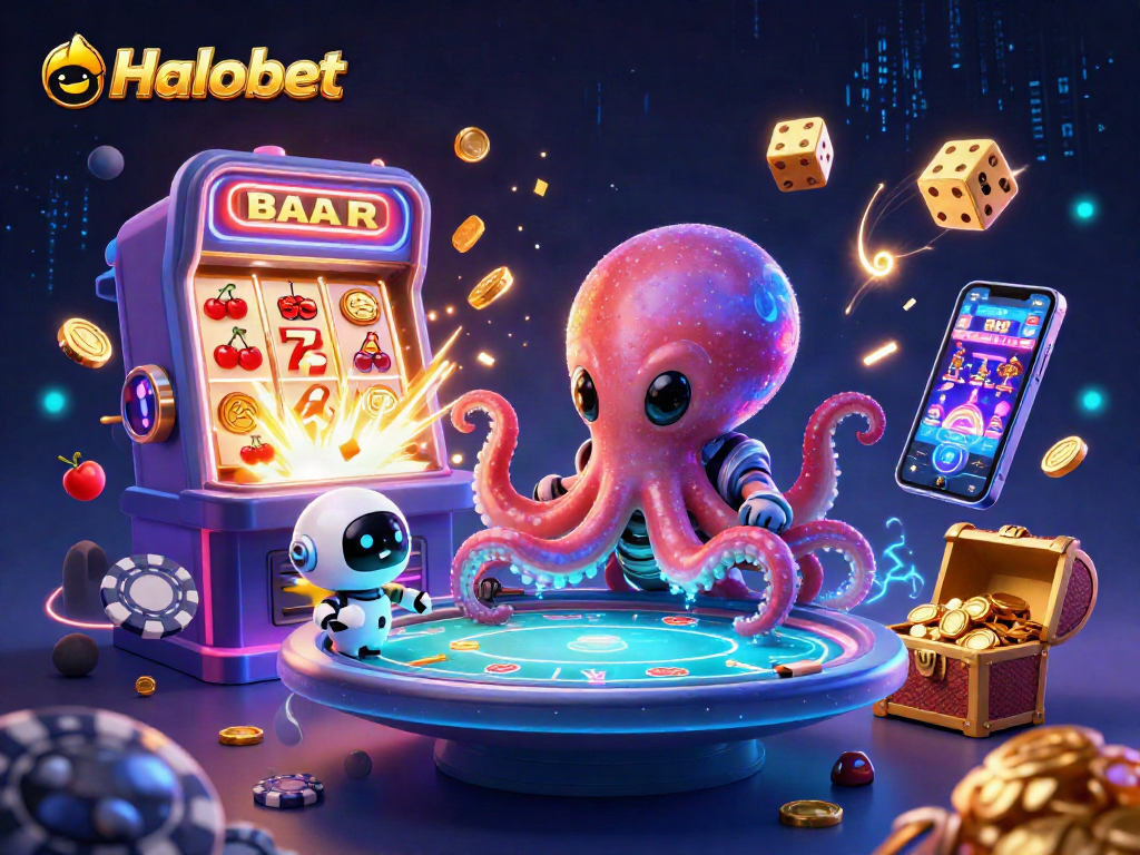 Halobet aliens playing poker at a holographic table with jackpot symbols and vibrant casino elements.