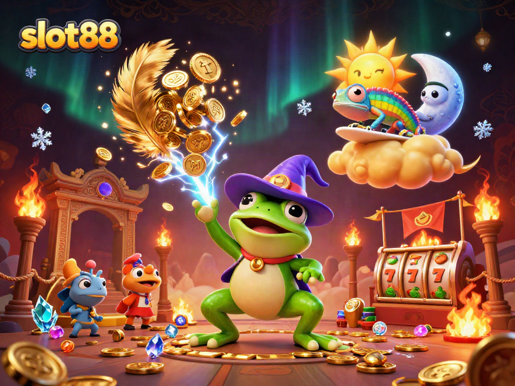 Slot88 menggambarkan penyihir cuaca katak berpetualang di atas koin emas yang berkilauan.