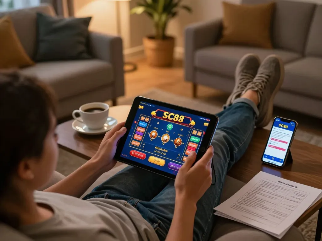 SC88 player using tablet for online games in cozy setting, showcasing a strategic gambling moment.