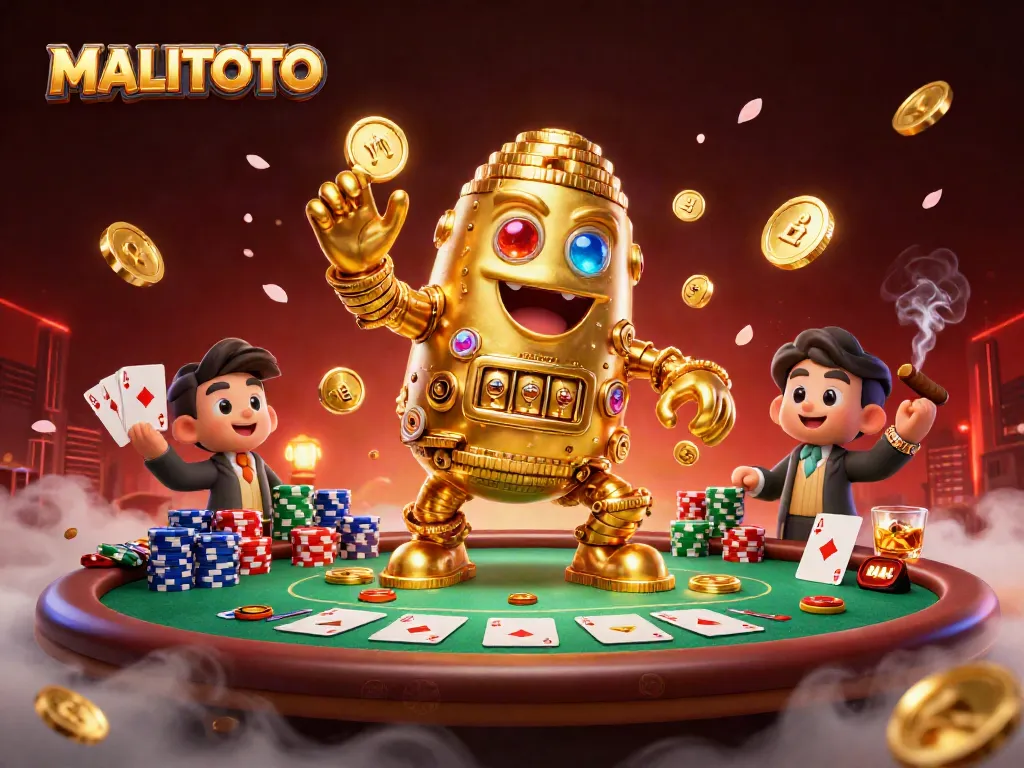 Engage in thrilling gameplay with MALITOTO's vibrant casino scene featuring a golden golem and poker elements.