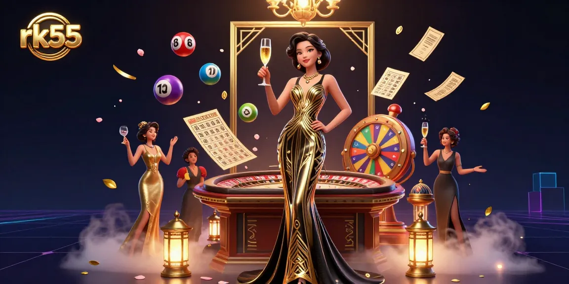 Experience the excitement of rk55 with a glamorous casino scene featuring lottery balls, roulette, and vibrant game elements.