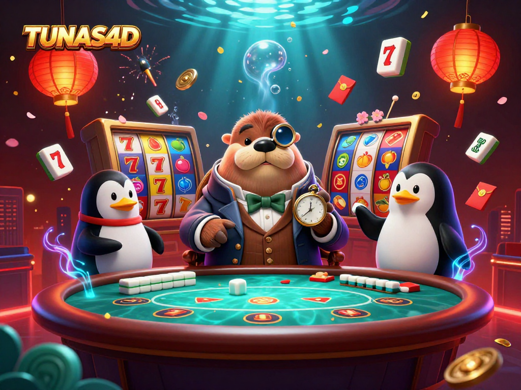 TUNAS4D showcases a vibrant underwater poker scene involving a walrus, penguin dealer, and bluffing pufferfish.