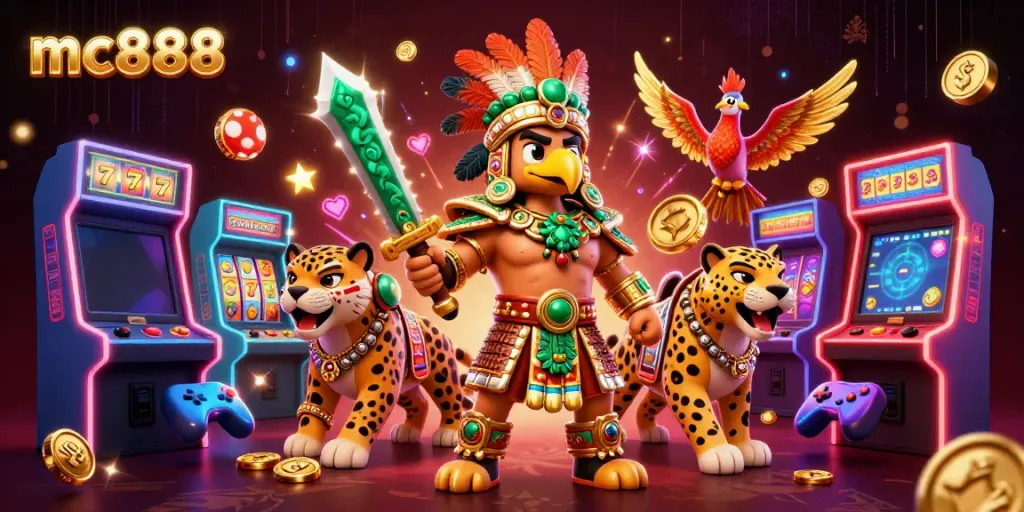 Permainan slot di mc888 menghadirkan slot reels dan jackpot, dikelilingi karakter Aztec yang memukau.
