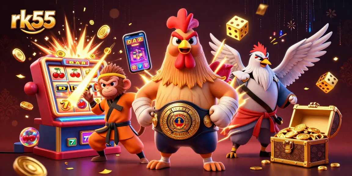 Win big at rk55 with a dynamic 3D casino scene featuring martial artists and jackpots!