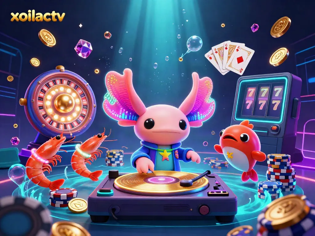 Xoilactv features a neon axolotl DJ with shrimp dancers and coins, bringing excitement to online gambling.