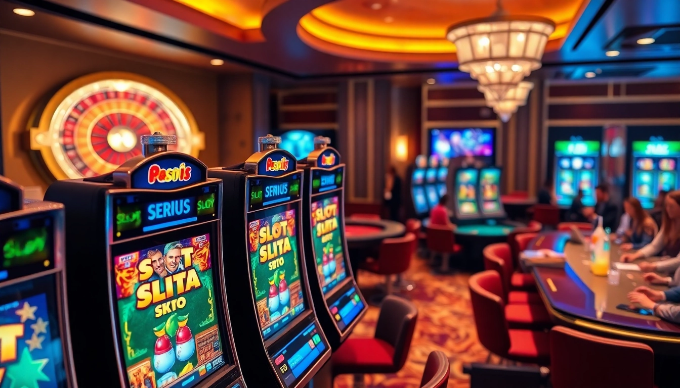 Experience thrilling slot demo games in a vibrant casino with dazzling machines and players.