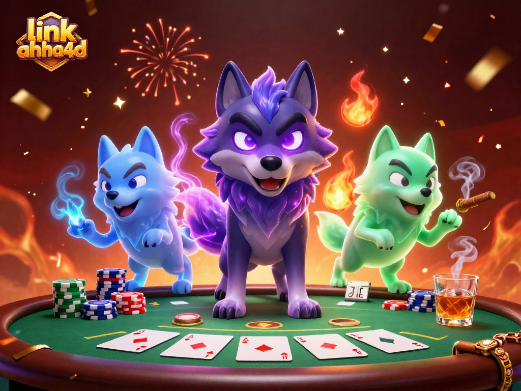 Permainan judi poker memukau di link ahha4d dengan karakter serigala dan efek meriah.