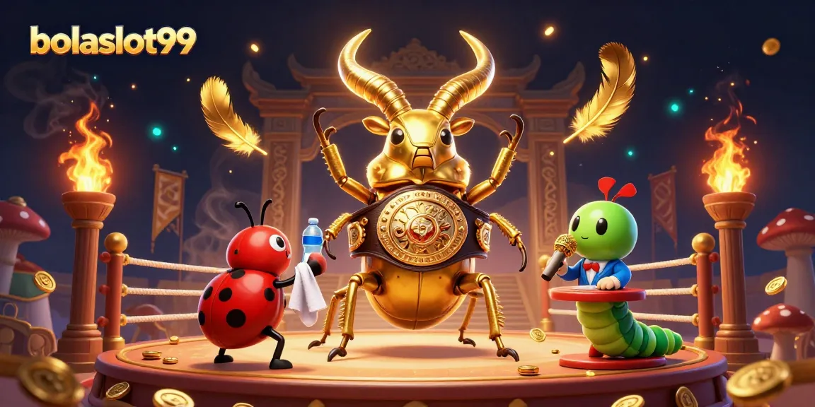 Experience the excitement of bolaslot99 with a dynamic boxing scene featuring a golden stag beetle and vibrant casino elements.