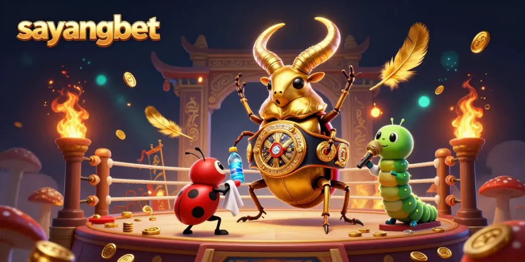 Engage with the lively scene depicting sayangbet's unique 3D casino elements featuring a golden stag beetle and charming characters.