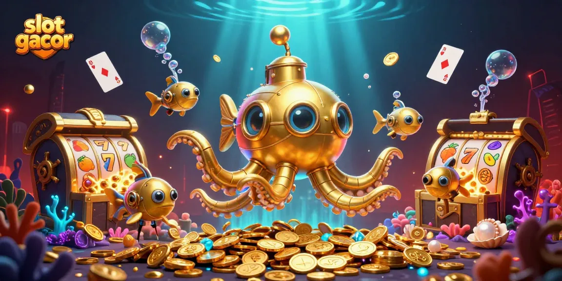 Permainan slot gacor dengan karakter kraken mengesankan dikelilingi koin emas dan elemen permainan yang mencolok.