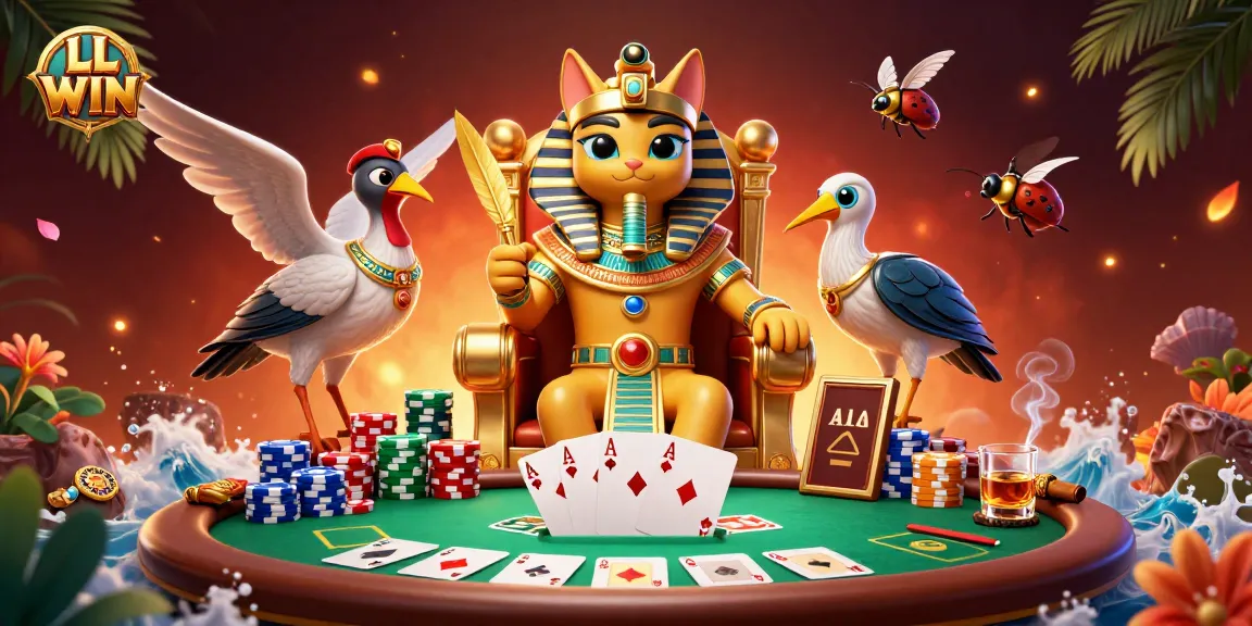 Experience thrilling gameplay at LL WIN with a pharaoh cat and poker chips in vibrant casino atmosphere.