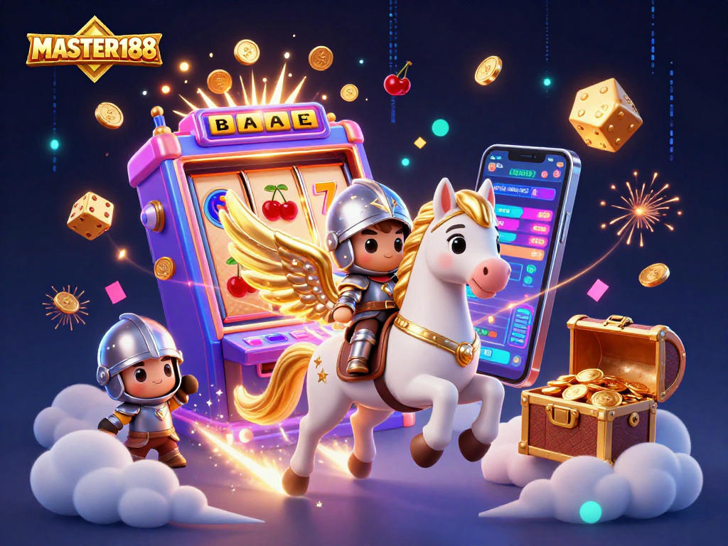 Experience the gaming excitement with MASTER188, featuring a cosmic scene with a fantasy horse, slot machine, and dynamic casino elements.