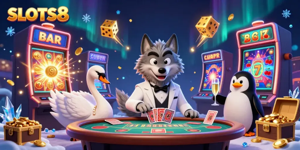 Experience exciting games with SLOTS8 featuring thrilling jackpot scenes and engaging casino characters.