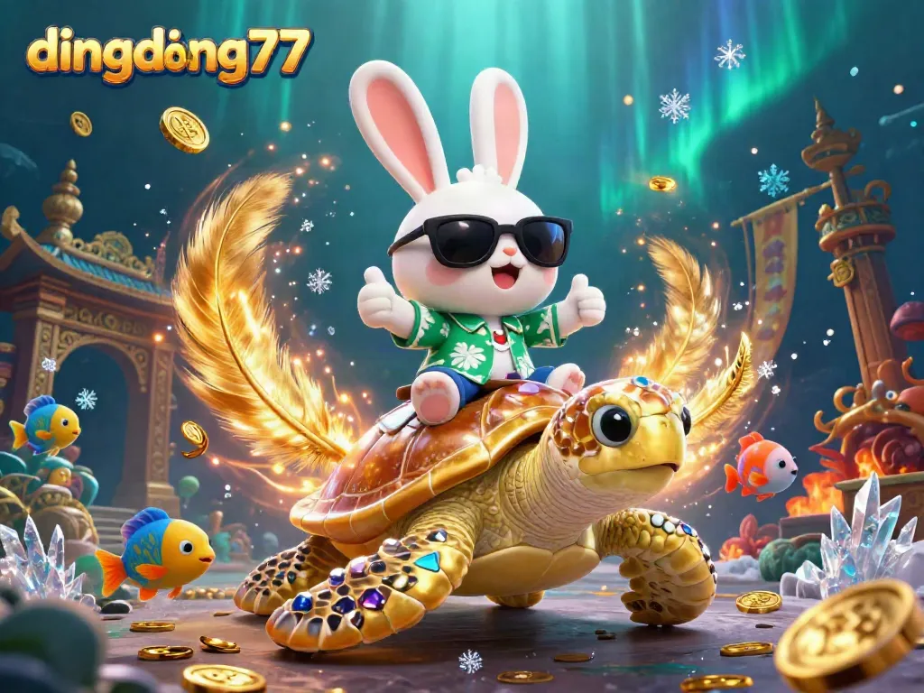 Experience the thrill of dingdong77 as the lucky rabbit rides a giant sea turtle surrounded by casino elements.