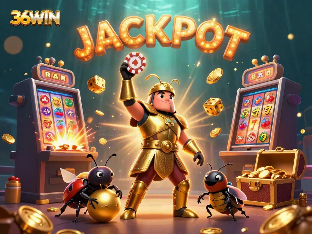 Experience the thrill of 36WIN with a jackpot scene powered by golden beetles and casino excitement.