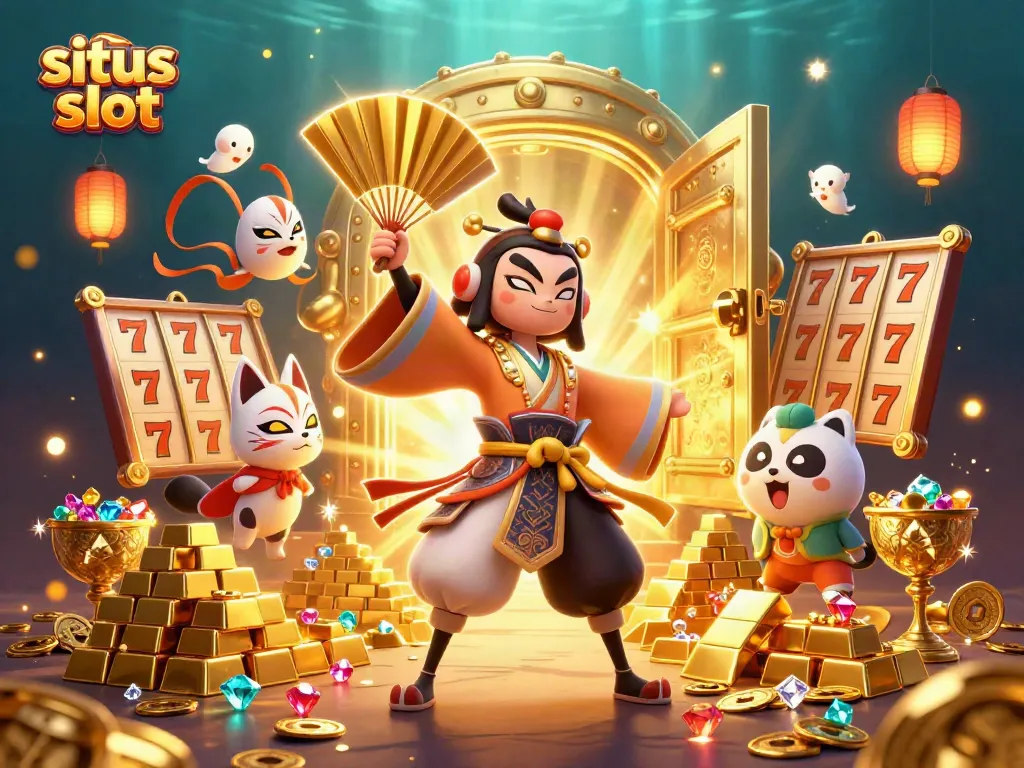 Menggambarkan situs slot dengan elemen karakter menarik, gulungan slot dan kekayaan yang melimpah.
