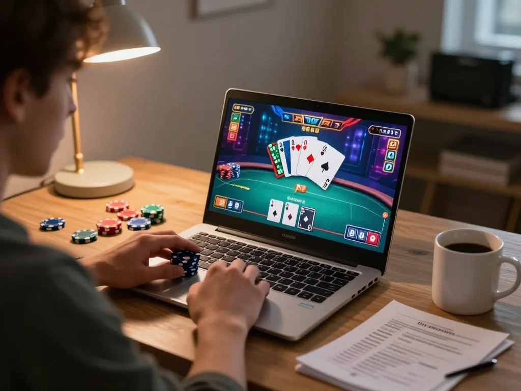 IDNSCORE engaging poker strategy scene at home featuring cozy online gaming environment.