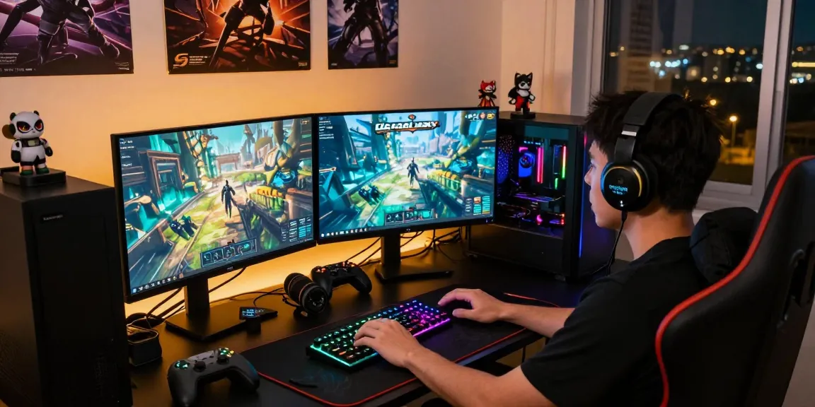 Seorang gamer bermain ligagalaxy dengan setup PC modern dan suasana menarik.